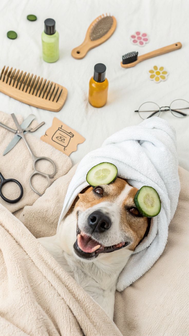 Relaxed dog enjoying grooming and hygiene care